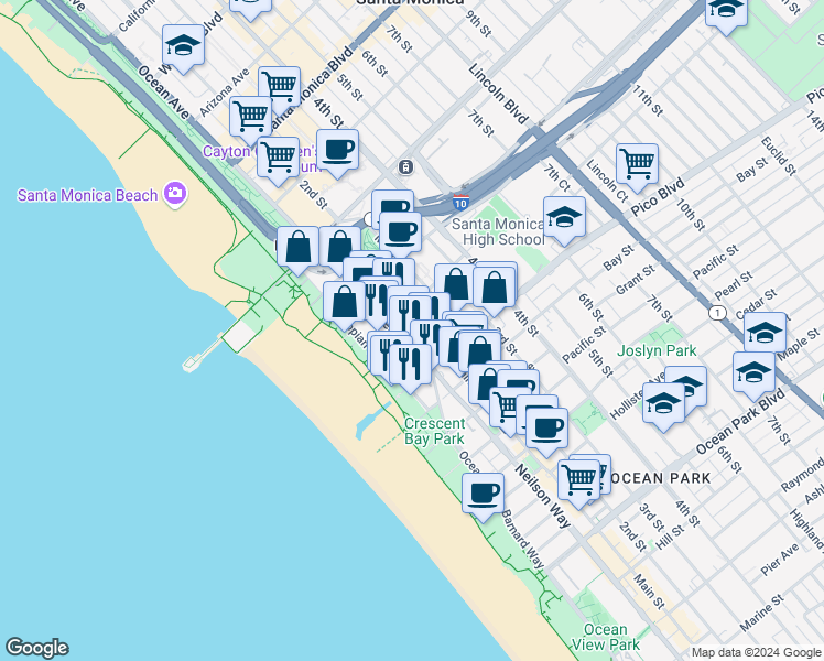 map of restaurants, bars, coffee shops, grocery stores, and more near in Santa Monica