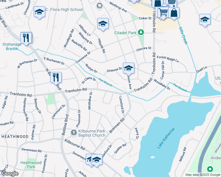 map of restaurants, bars, coffee shops, grocery stores, and more near 8 Churchill Circle in Columbia