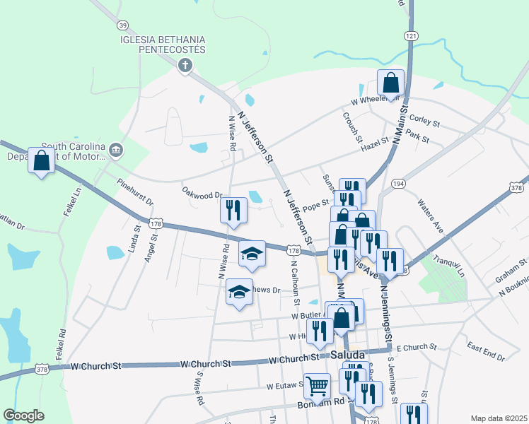 map of restaurants, bars, coffee shops, grocery stores, and more near 212 Greenwood Highway in Saluda