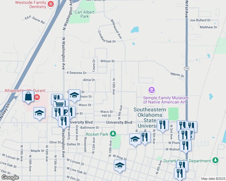 map of restaurants, bars, coffee shops, grocery stores, and more near 1019 Chuckwa Drive in Durant