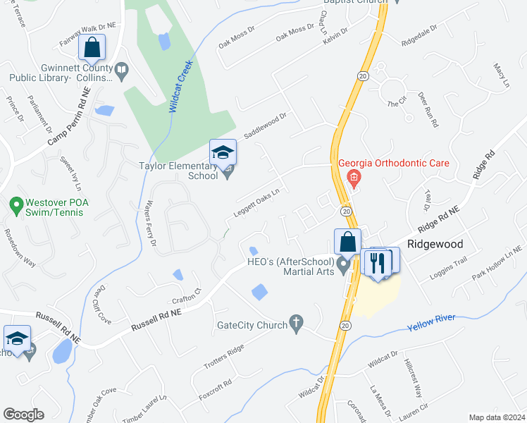 map of restaurants, bars, coffee shops, grocery stores, and more near 1651 Leggett Oaks Cove in Lawrenceville