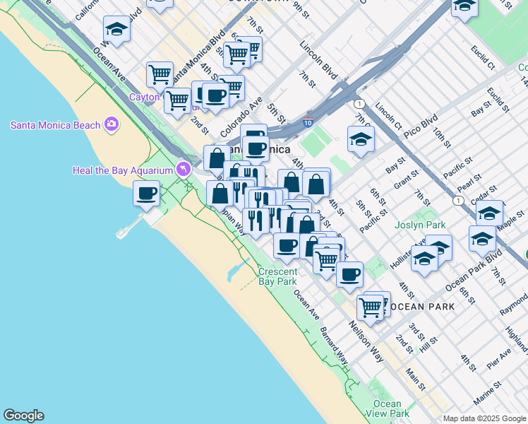 map of restaurants, bars, coffee shops, grocery stores, and more near 1755 Ocean Avenue in Santa Monica
