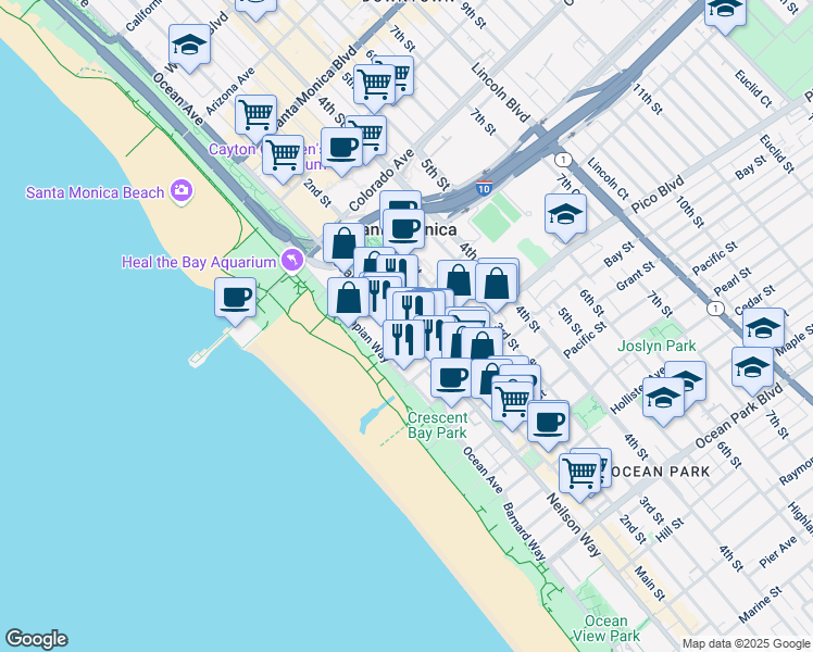map of restaurants, bars, coffee shops, grocery stores, and more near 1755 Ocean Avenue in Santa Monica
