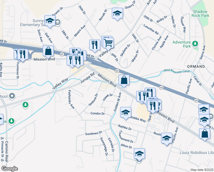 map of restaurants, bars, coffee shops, grocery stores, and more near Jewel Street in Jurupa Valley