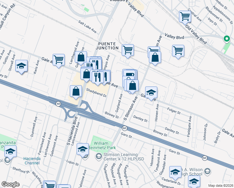 map of restaurants, bars, coffee shops, grocery stores, and more near 1122 Marchmont Avenue in Hacienda Heights