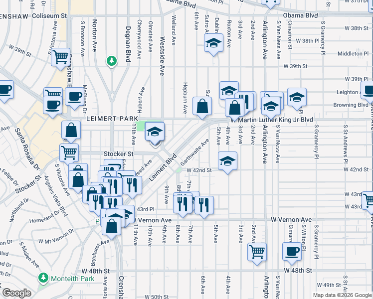 map of restaurants, bars, coffee shops, grocery stores, and more near 4180 Leimert Boulevard in Los Angeles