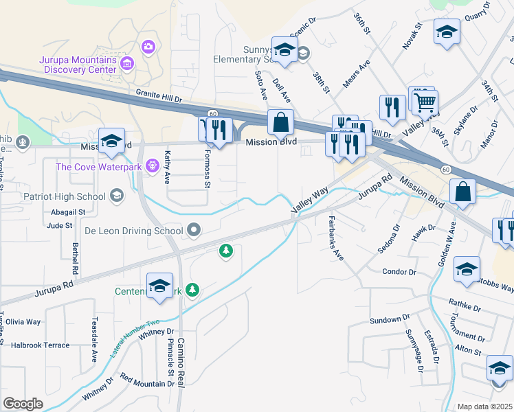 map of restaurants, bars, coffee shops, grocery stores, and more near 7251 Jurupa Road in Riverside
