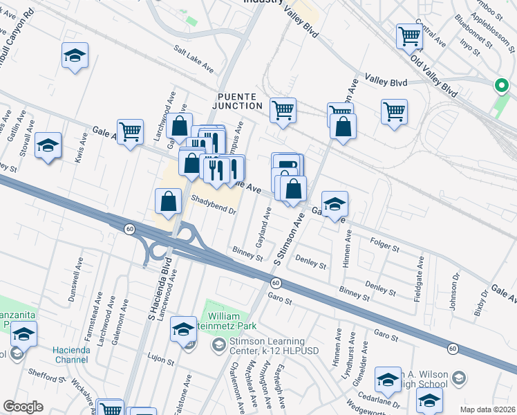 map of restaurants, bars, coffee shops, grocery stores, and more near 1122 Marchmont Avenue in Hacienda Heights