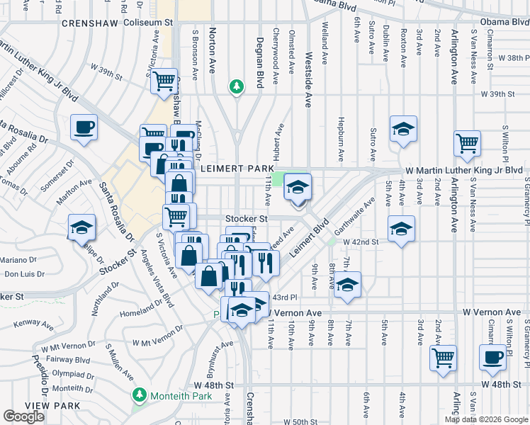 map of restaurants, bars, coffee shops, grocery stores, and more near 3301 Stocker Street in Los Angeles