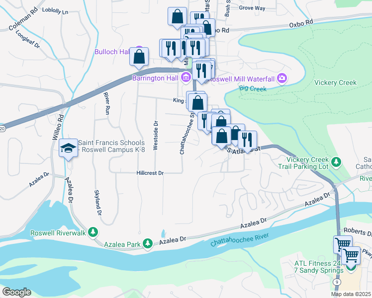 map of restaurants, bars, coffee shops, grocery stores, and more near 375 Chattahoochee Street in Roswell