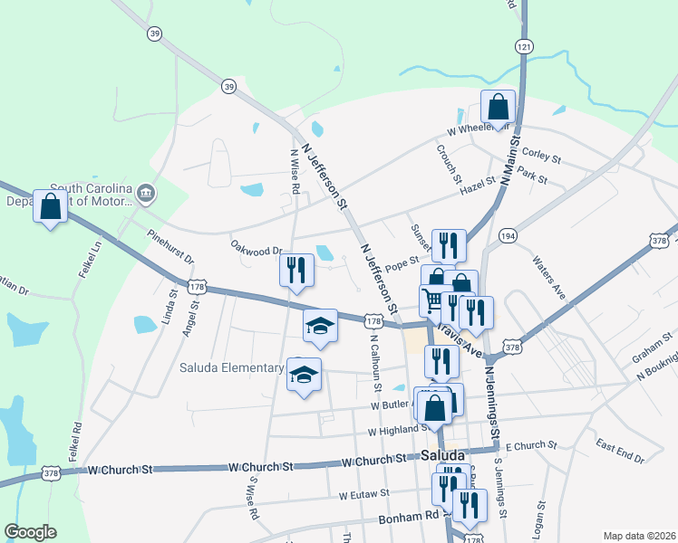 map of restaurants, bars, coffee shops, grocery stores, and more near 100 Birath Street in Saluda