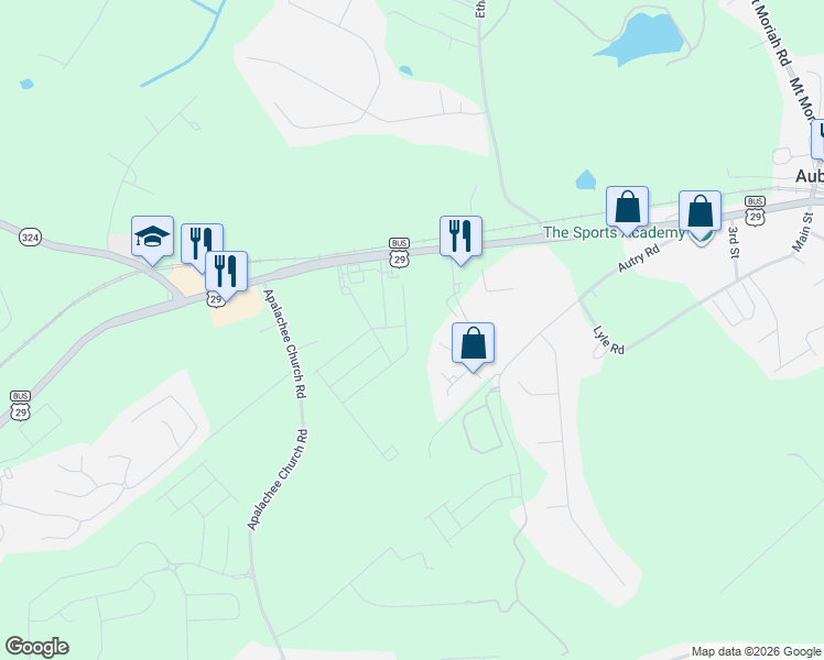 map of restaurants, bars, coffee shops, grocery stores, and more near 1570 Auburn Park Court in Auburn