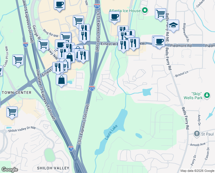 map of restaurants, bars, coffee shops, grocery stores, and more near 330 Nibblewill Place in Marietta
