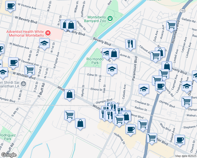 map of restaurants, bars, coffee shops, grocery stores, and more near 4715 Fir Street in Pico Rivera