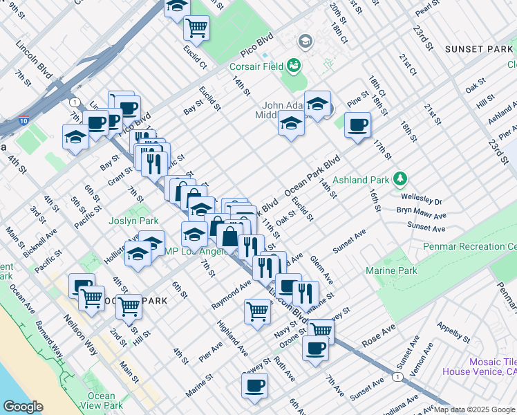 map of restaurants, bars, coffee shops, grocery stores, and more near 1103 Ocean Park Blvd in Santa Monica