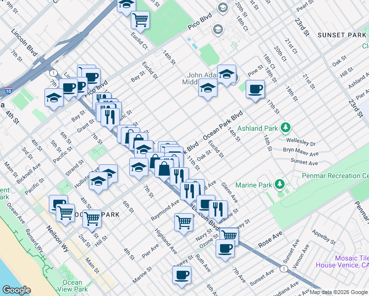 map of restaurants, bars, coffee shops, grocery stores, and more near 1034 Ocean Park Boulevard in Santa Monica