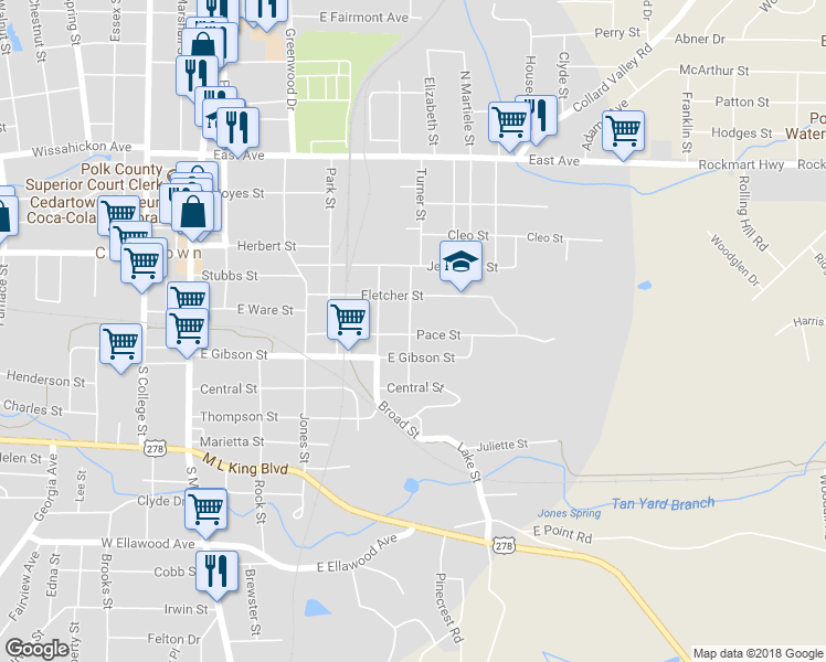 map of restaurants, bars, coffee shops, grocery stores, and more near 701 Pace Street in Cedartown