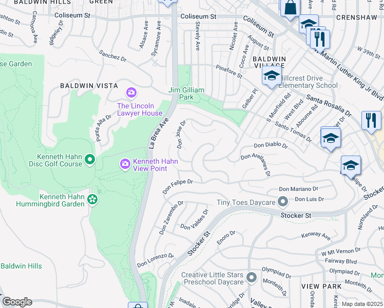 map of restaurants, bars, coffee shops, grocery stores, and more near 4581 Don Milagro Drive in Los Angeles