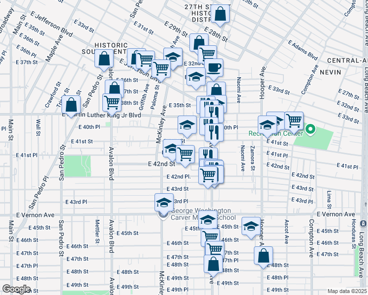 map of restaurants, bars, coffee shops, grocery stores, and more near 1655 East 27th Street in Los Angeles
