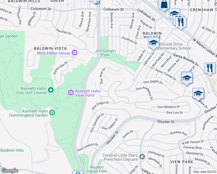 map of restaurants, bars, coffee shops, grocery stores, and more near 4581 Don Milagro Drive in Los Angeles