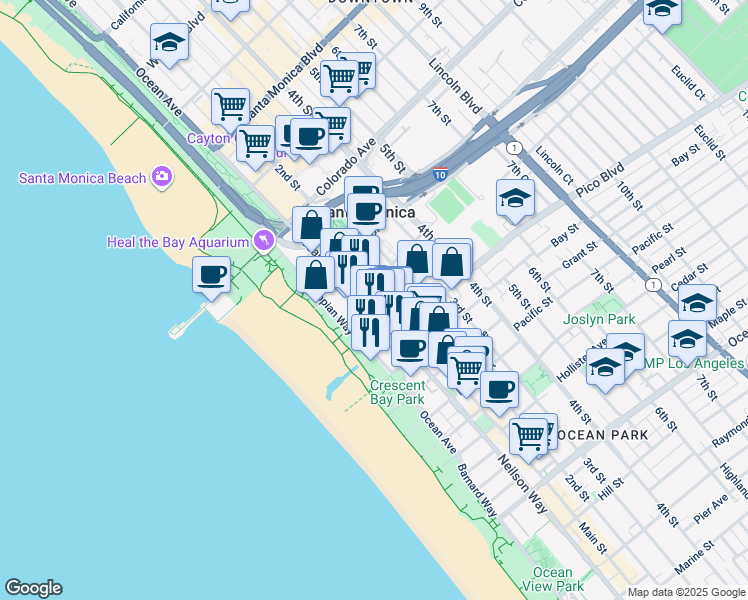 map of restaurants, bars, coffee shops, grocery stores, and more near 1755 Ocean Avenue in Santa Monica