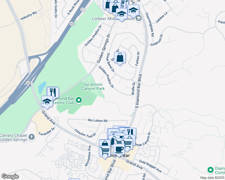 map of restaurants, bars, coffee shops, grocery stores, and more near 820 Golden Prados Drive in Diamond Bar