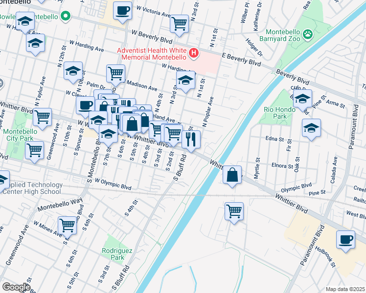 map of restaurants, bars, coffee shops, grocery stores, and more near 128 North 2nd Street in Montebello