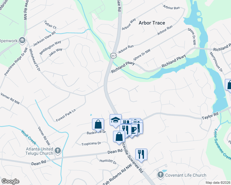 map of restaurants, bars, coffee shops, grocery stores, and more near 570 Clear Lake Lane in Suwanee