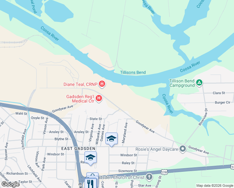 map of restaurants, bars, coffee shops, grocery stores, and more near 1104 Goodyear Avenue in Gadsden
