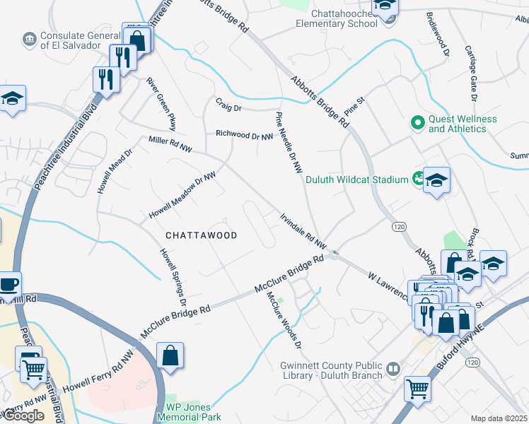 map of restaurants, bars, coffee shops, grocery stores, and more near 3855 Ivy Run Circle in Duluth
