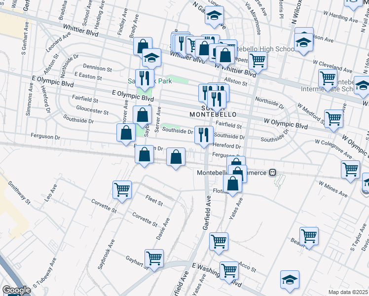 map of restaurants, bars, coffee shops, grocery stores, and more near 6455 East Hereford Drive in East Los Angeles