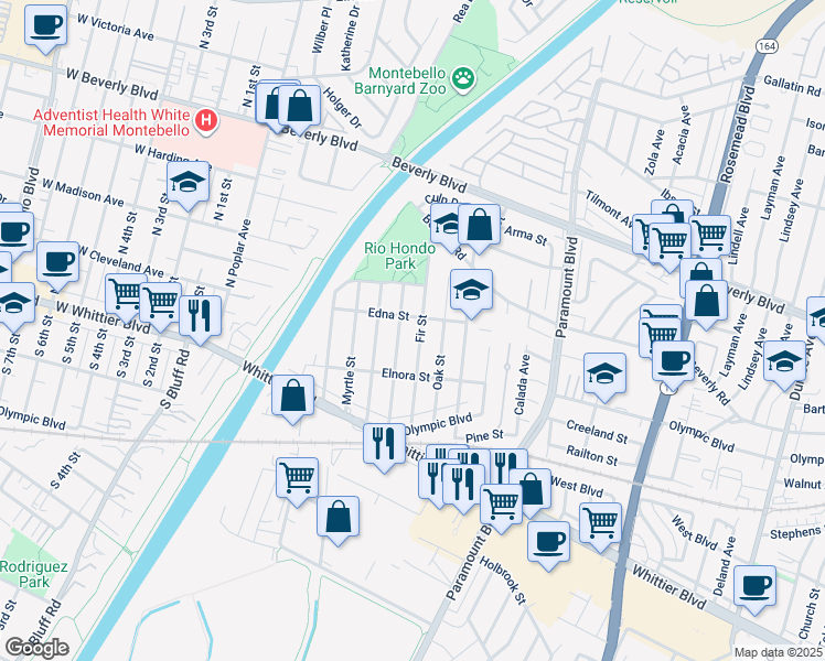 map of restaurants, bars, coffee shops, grocery stores, and more near 4715 Fir Street in Pico Rivera