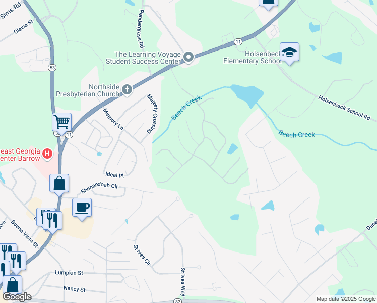 map of restaurants, bars, coffee shops, grocery stores, and more near 901 Calgary Court in Winder