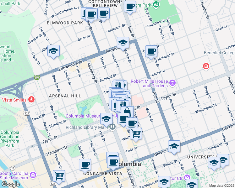 map of restaurants, bars, coffee shops, grocery stores, and more near in Columbia