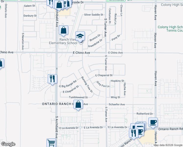 map of restaurants, bars, coffee shops, grocery stores, and more near 2925 East Big Range Road in Ontario