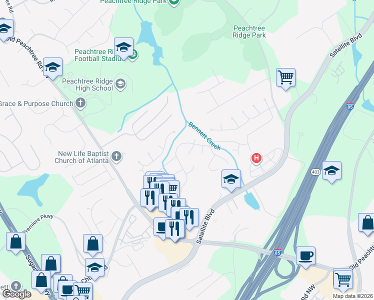 map of restaurants, bars, coffee shops, grocery stores, and more near 2850 Olde Savannah Cove in Suwanee