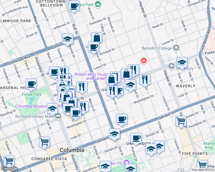 map of restaurants, bars, coffee shops, grocery stores, and more near 1621 Pickens Street in Columbia