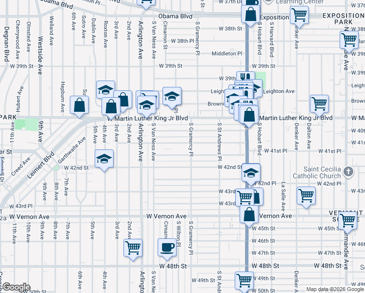 map of restaurants, bars, coffee shops, grocery stores, and more near 1900 West 41st Street in Los Angeles