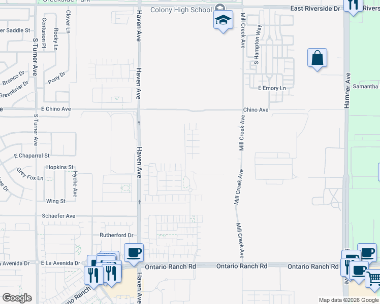 map of restaurants, bars, coffee shops, grocery stores, and more near 3560 South Eichler Paseo in Ontario