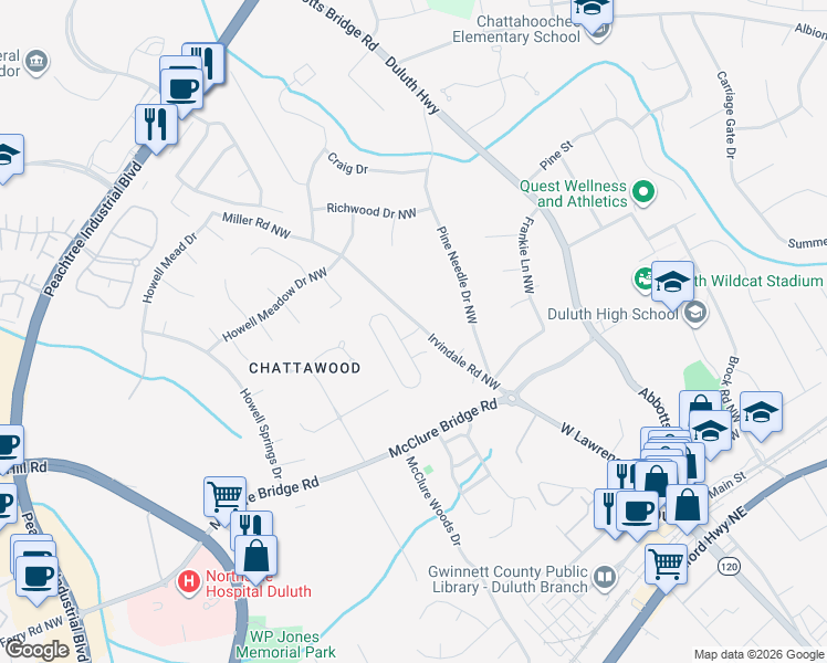 map of restaurants, bars, coffee shops, grocery stores, and more near 3207 Ivy Station Way in Duluth