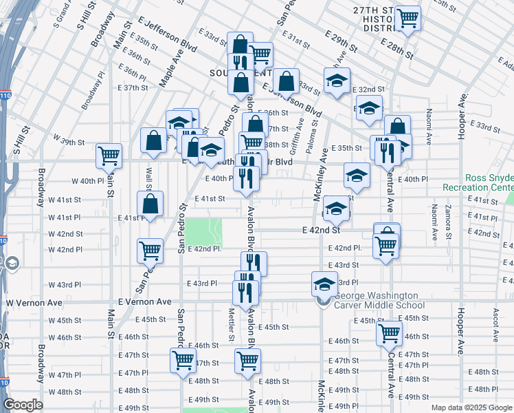 map of restaurants, bars, coffee shops, grocery stores, and more near 641 East 41st Street in Los Angeles