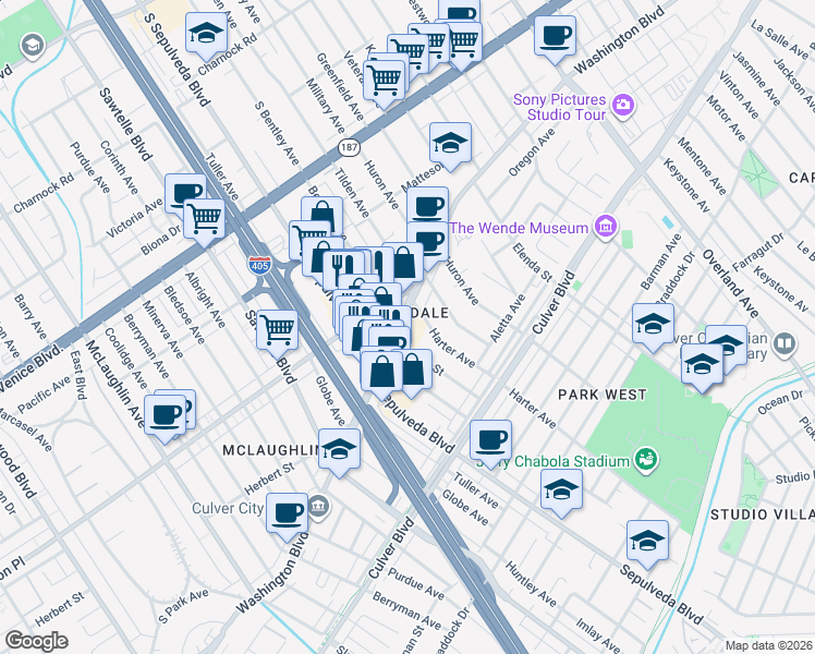 map of restaurants, bars, coffee shops, grocery stores, and more near in Culver City