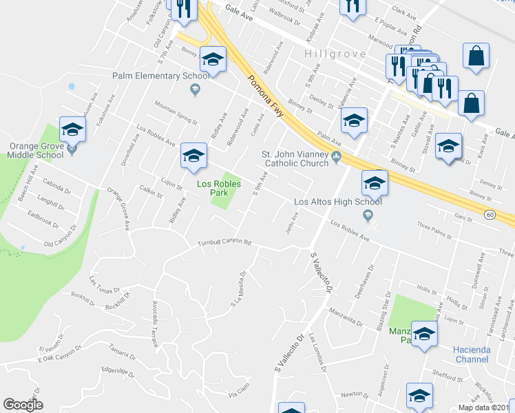 map of restaurants, bars, coffee shops, grocery stores, and more near 1530 9th Avenue in Hacienda Heights