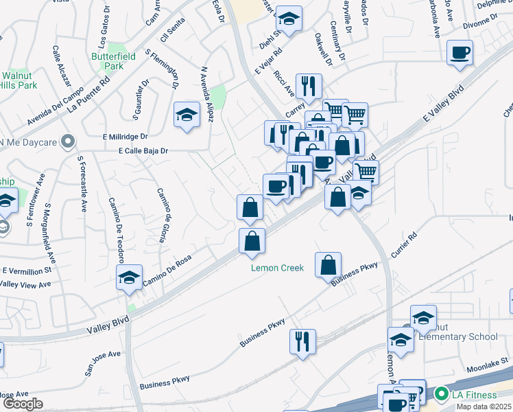 map of restaurants, bars, coffee shops, grocery stores, and more near 530 South Avenida Alipaz in Walnut