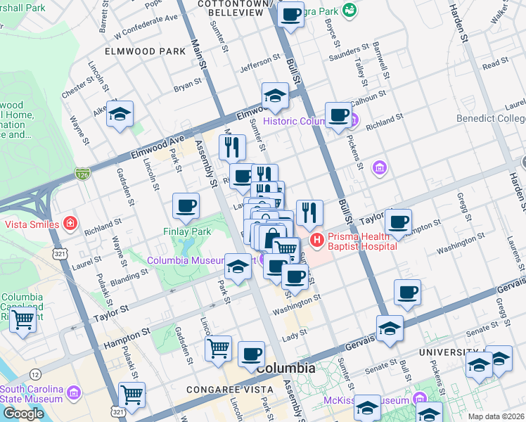 map of restaurants, bars, coffee shops, grocery stores, and more near 1722 Main Street in Columbia
