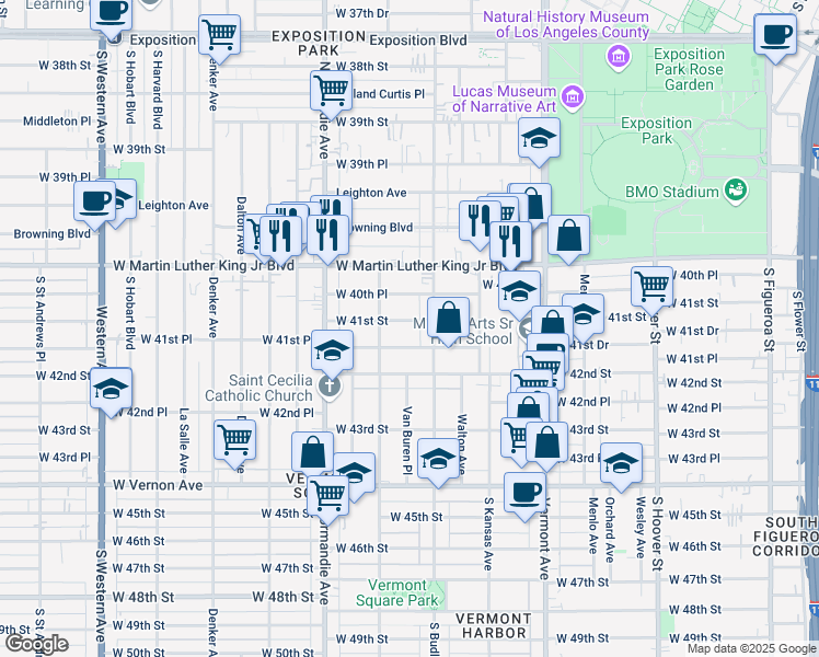 map of restaurants, bars, coffee shops, grocery stores, and more near 1224 West 41st Street in Los Angeles