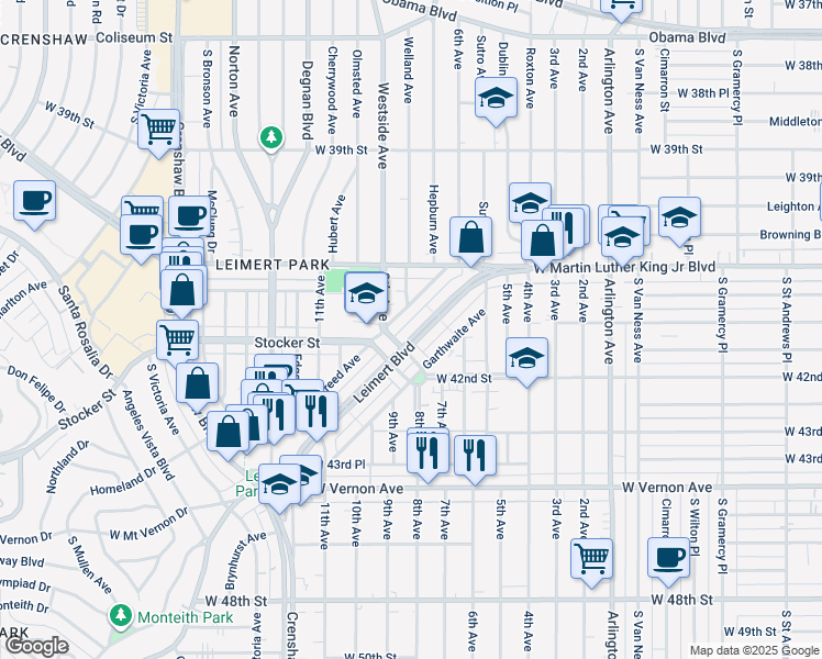 map of restaurants, bars, coffee shops, grocery stores, and more near 4189 Leimert Boulevard in Los Angeles