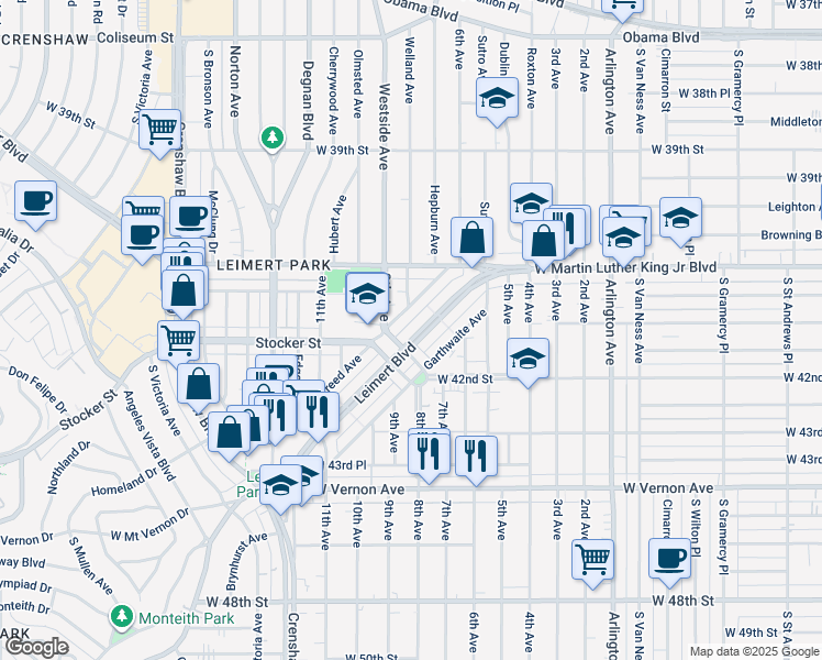 map of restaurants, bars, coffee shops, grocery stores, and more near 4189 Leimert Boulevard in Los Angeles