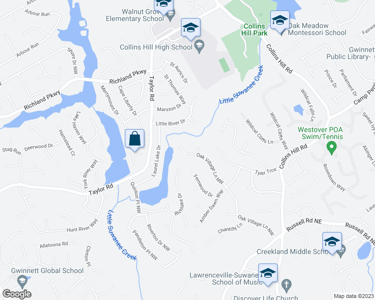 map of restaurants, bars, coffee shops, grocery stores, and more near 2081 Oak Village Lane Northwest in Lawrenceville