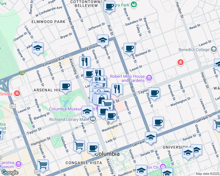 map of restaurants, bars, coffee shops, grocery stores, and more near 1320 Laurel Street in Columbia